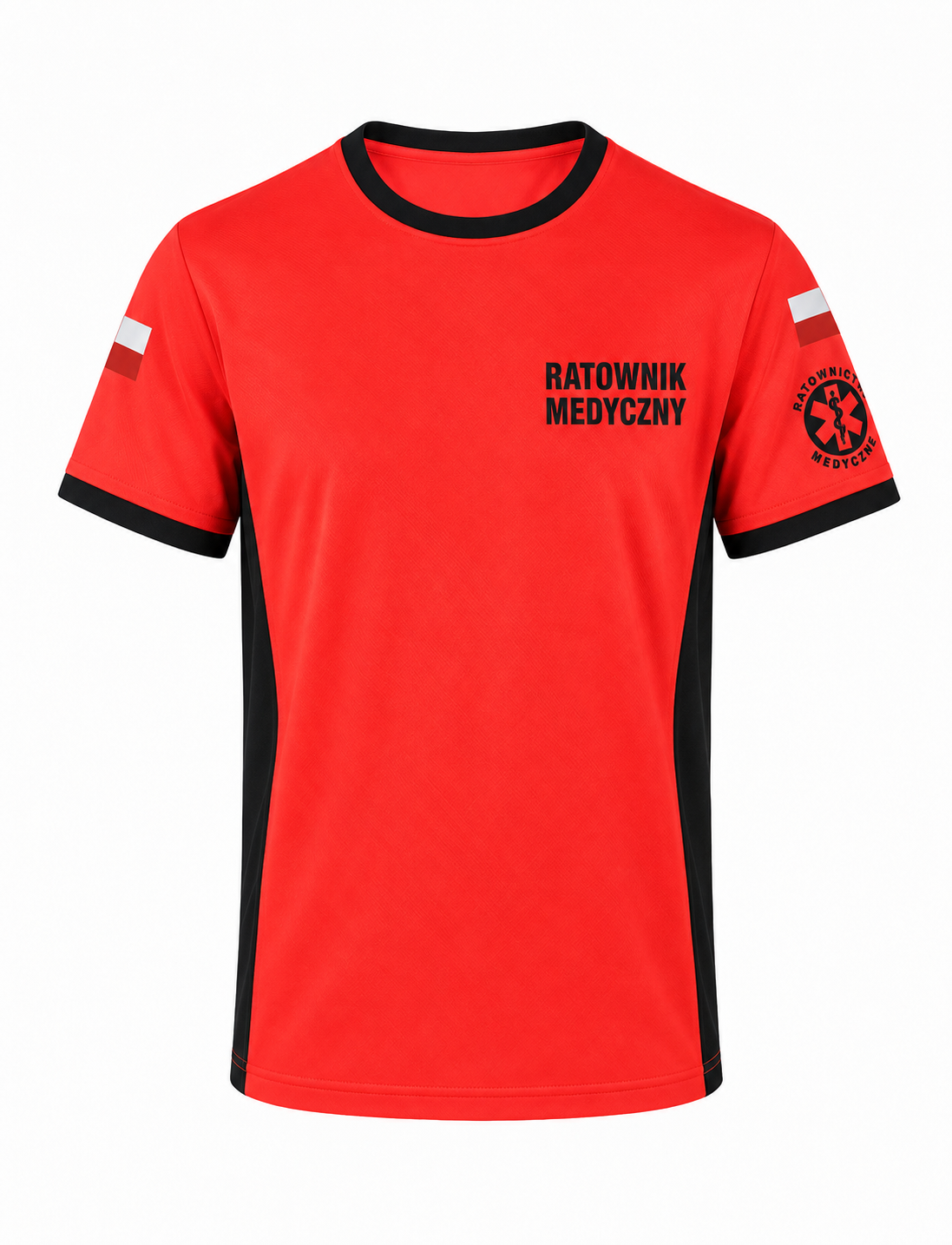 KOSZULKA T-SHIRT FLUO RATOWNIK CZARNY NADRUK + FLAGI + LOGO | MODEL II